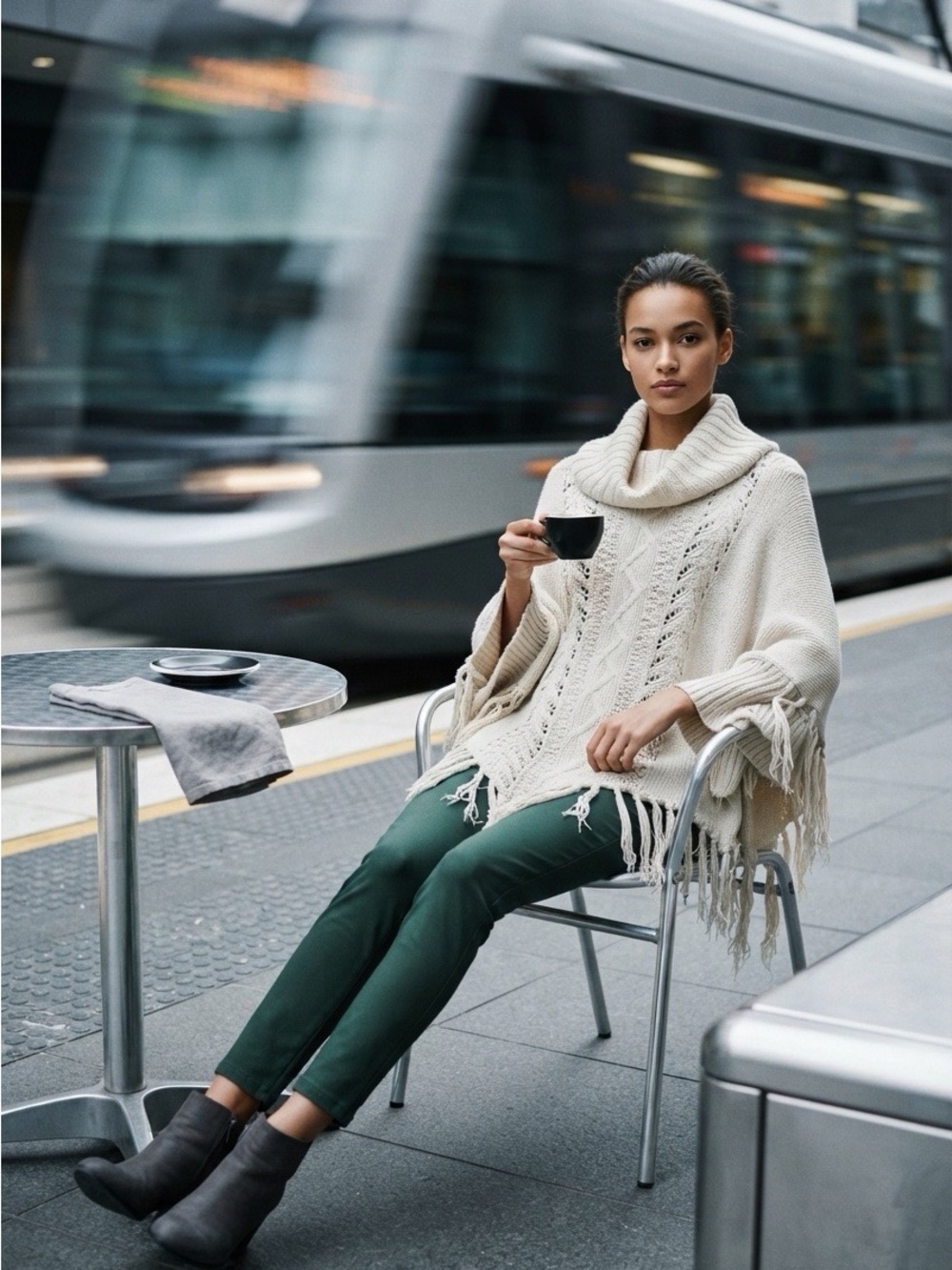 Newport News Cream Cable-Knit Cowl Neck Poncho with Fringe